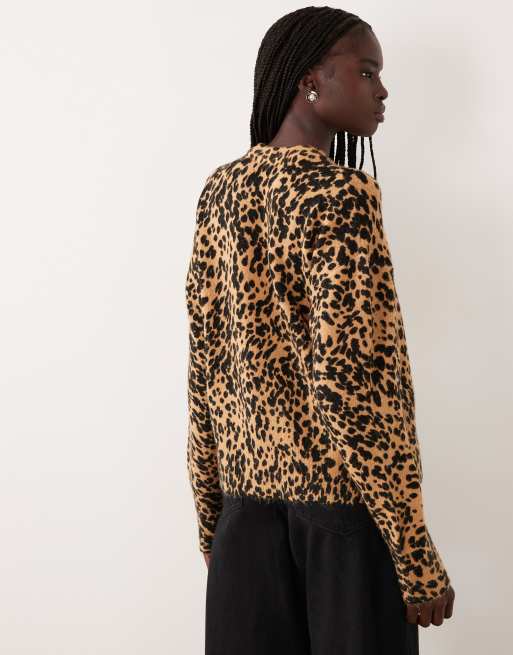 ASOS DESIGN crew neck leopard print jumper in brown, 3 of 4