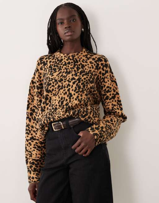 ASOS DESIGN crew neck leopard print sweater in brown, 2 of 4