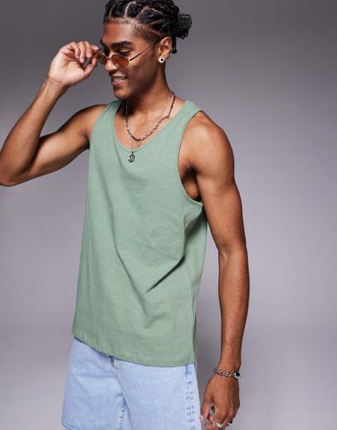 ASOS DESIGN crew neck linen mix tank top in sage - view 1