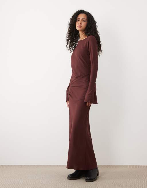 ASOS DESIGN crew neck long sleeve maxi dress with scarf detail in chocolate, 2 of 4