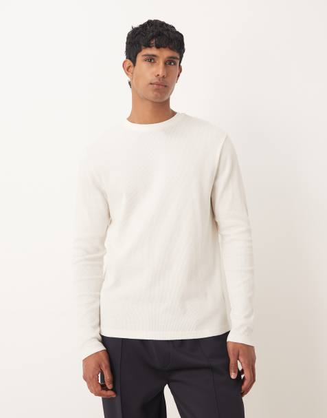 ASOS DESIGN crew neck long sleeve t-shirt in cream waffle - view 1