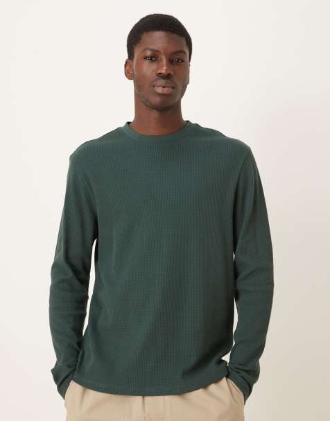 ASOS DESIGN crew neck long sleeve t-shirt in dark green waffle - view 1