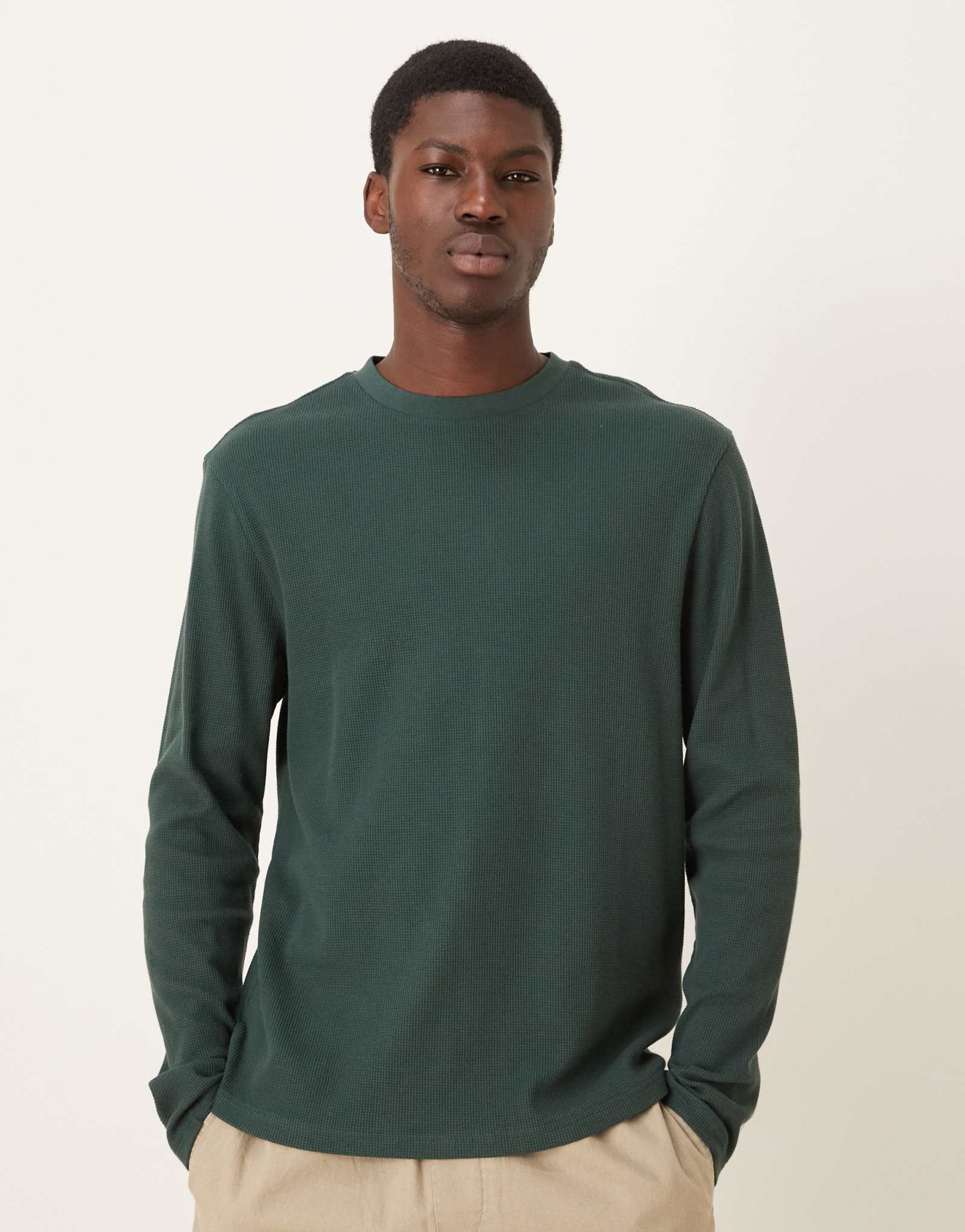 Лонгслив ASOS DESIGN темно-зеленый с вафельным узором