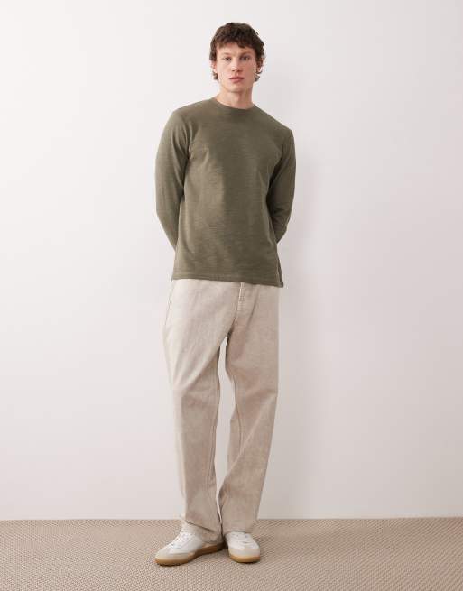 ASOS DESIGN crew neck long sleeve T-shirt in khaki slub texture | ASOS
