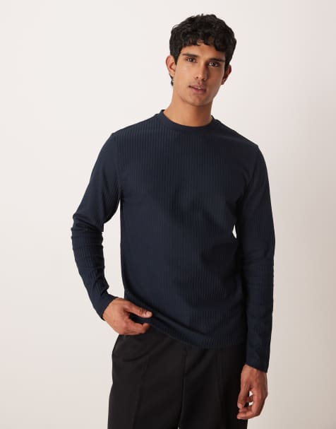 ASOS DESIGN crew neck long sleeve t-shirt in textured navy - view 1