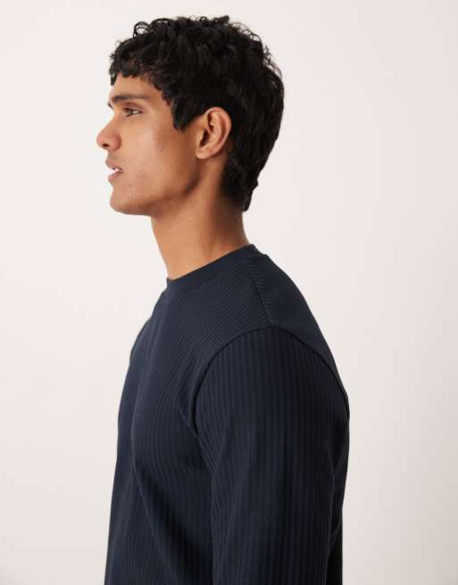 ASOS DESIGN crew neck long sleeve t-shirt in textured navy , 4 of 5