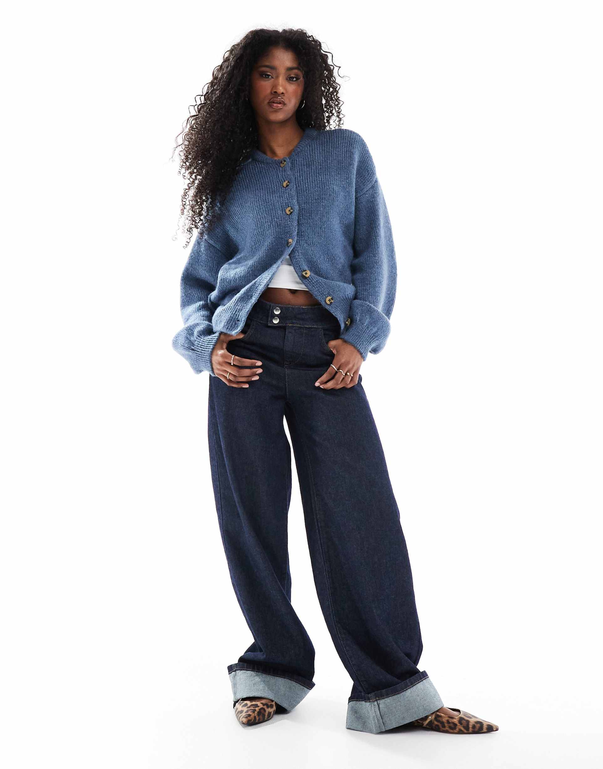 asos design crew neck longline cardigan in blue