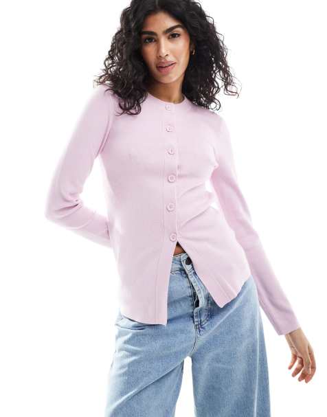 ASOS DESIGN crew neck longline cardigan in pink
