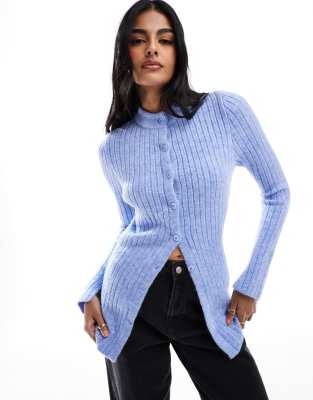 crew neck longline cardigan in rib in blue