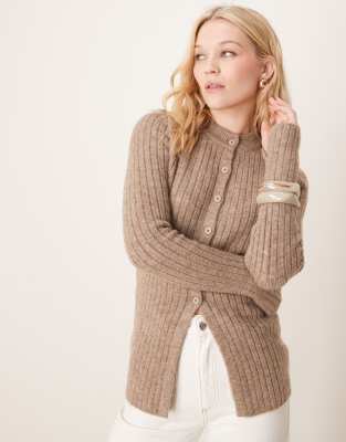 Asos Design Crew Neck Longline Cardigan In Rib In Mocha-brown