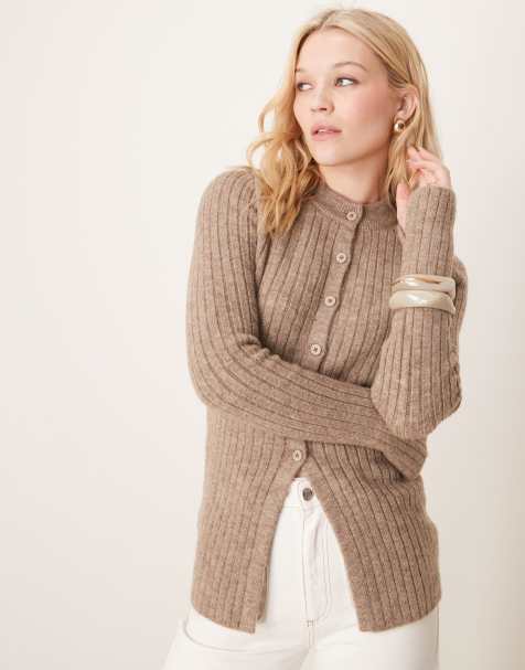 ASOS DESIGN crew neck longline cardigan in rib in mocha - view 1