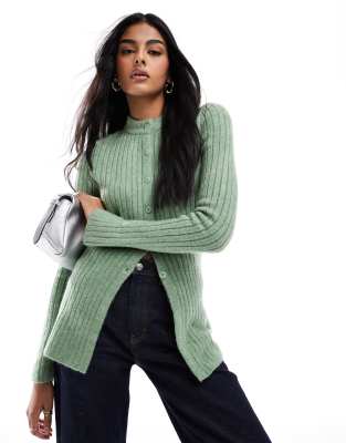 crew neck longline cardigan in rib in sage-Green