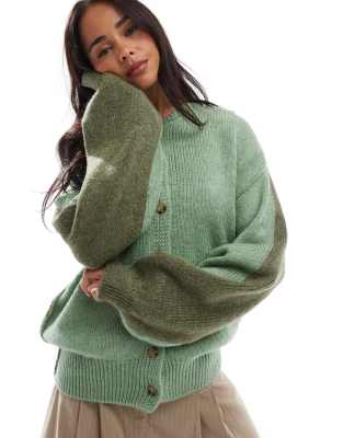 crew neck longline cardigan in sage-Green