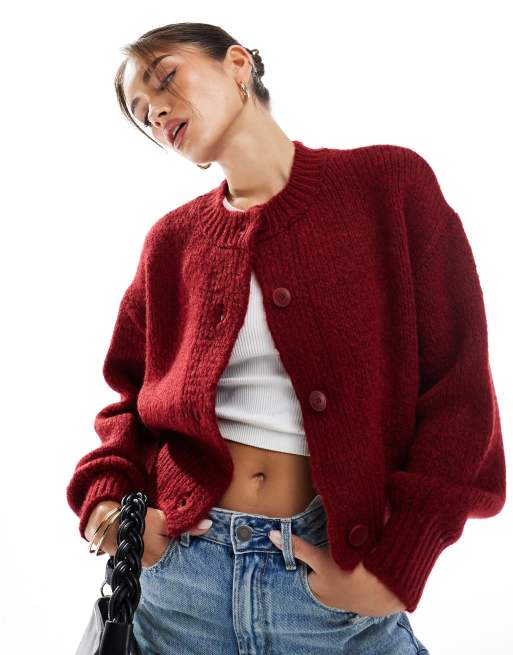 ASOS DESIGN crew neck loose knit cardigan in burgundy