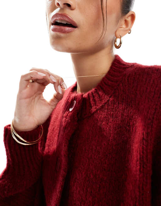 ASOS DESIGN crew neck loose knit cardigan in burgundy, 2 of 4