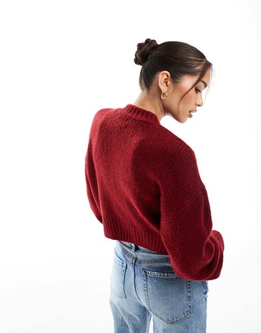 ASOS DESIGN crew neck loose knit cardigan in burgundy, 4 of 4