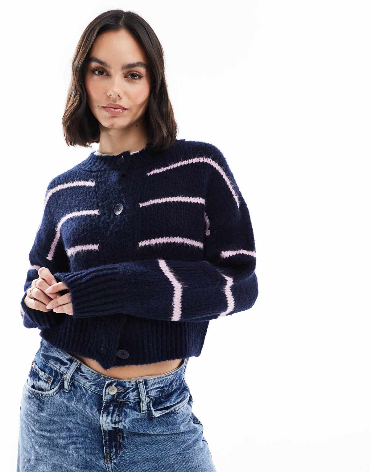 ASOS DESIGN crew neck loose knit cardigan in navy and lilac stripe