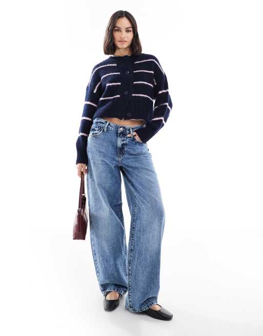 ASOS DESIGN crew neck loose knit cardigan in navy and lilac stripe, 3 of 4
