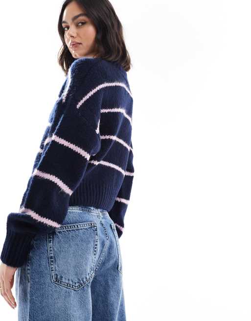 ASOS DESIGN crew neck loose knit cardigan in navy and lilac stripe, 4 of 4