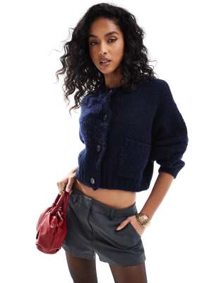 ASOS DESIGN crew neck loose knit cardigan with pocket detail in navy-Grey