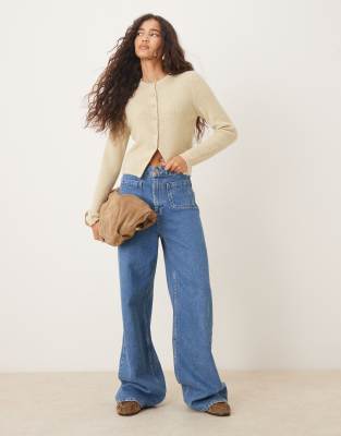 Asos Design Crew Neck Loose Knit Fitted Cardigan In Neutral