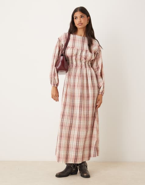 ASOS DESIGN crew neck maxi dress with bust detail and ruched bodice in dusty pink check - view 1