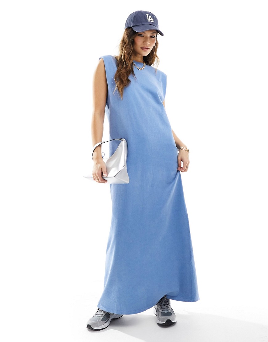 Asos Design Crew Neck Maxi Dress With Shoulder Pad In Blue Denim Wash