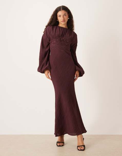ASOS DESIGN crew neck maxi dress with volume sleeve and lace bust detail in mulberry - view 1