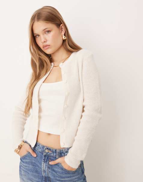 ASOS DESIGN crew neck micro cardigan in cream - view 1