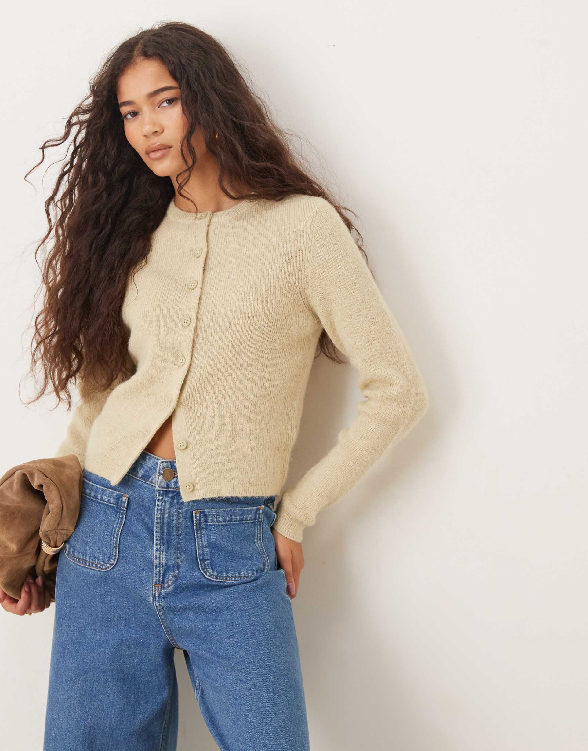 asos design crew neck micro cardigan in pistachio