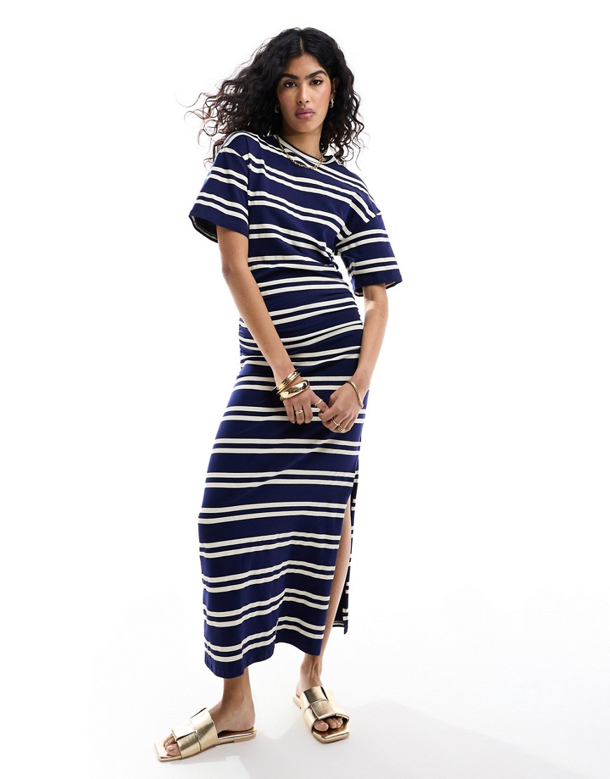 ASOS DESIGN crew neck midaxi t-shirt dress with ruched side in navy and white stripe-Multi