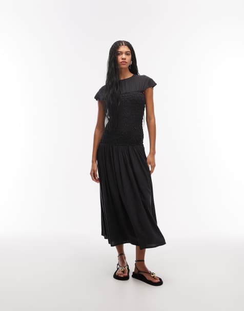 ASOS DESIGN crew neck midi dress with popcorn shirred bodice in navy - view 1