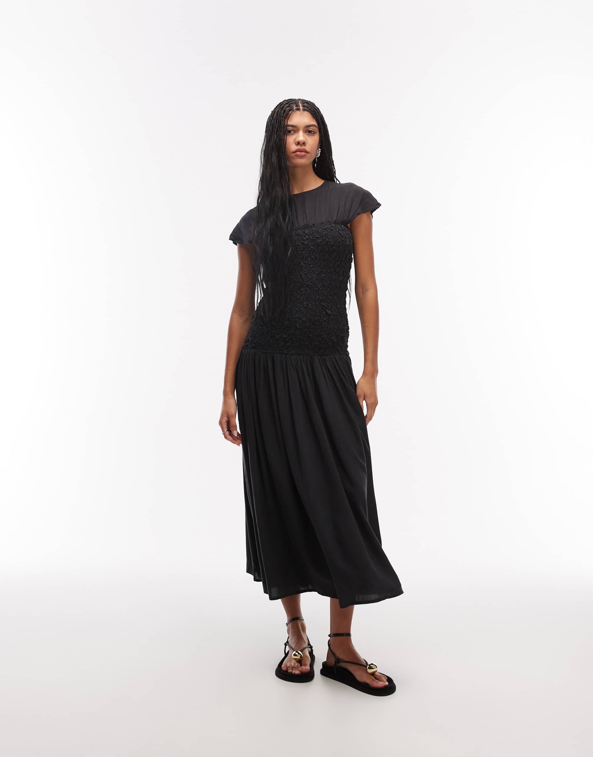 asos design crew neck midi dress with popcorn shirred bodice in navy