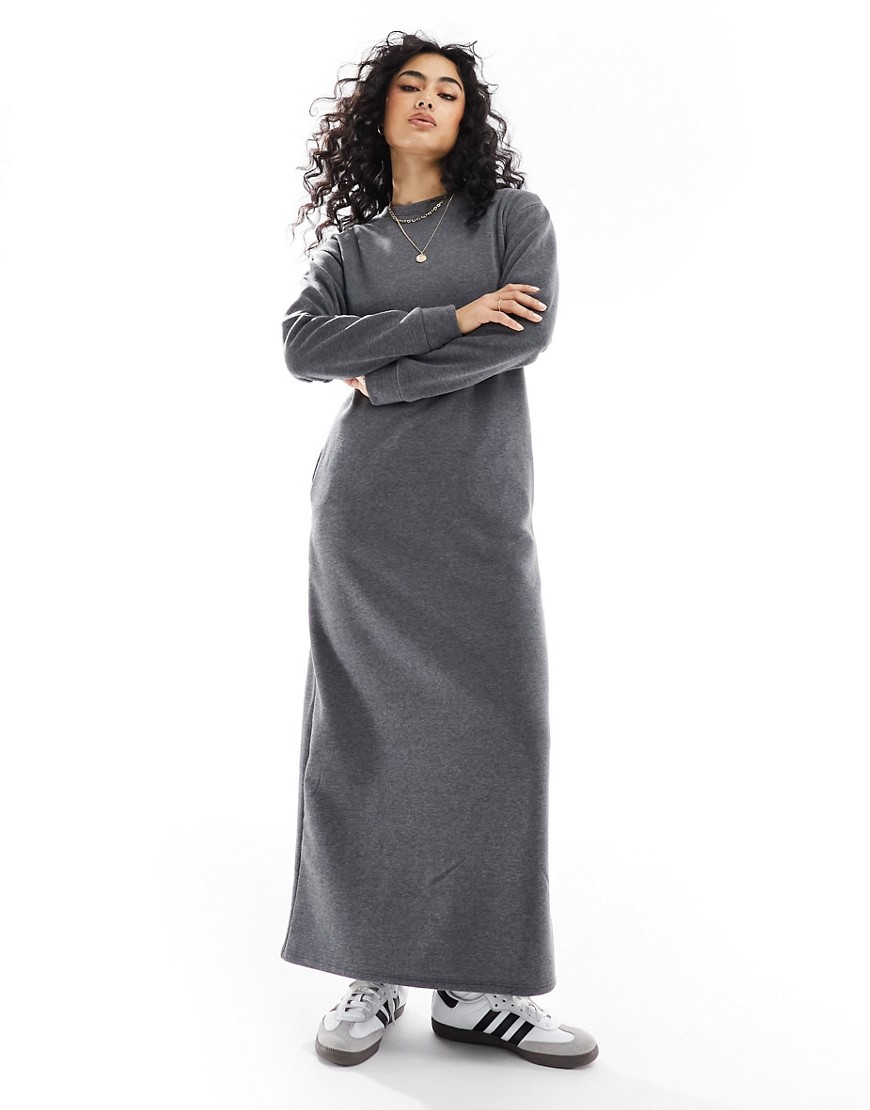 Asos Design Crew Neck Midi Sweatshirt Dress In Charcoal-gray