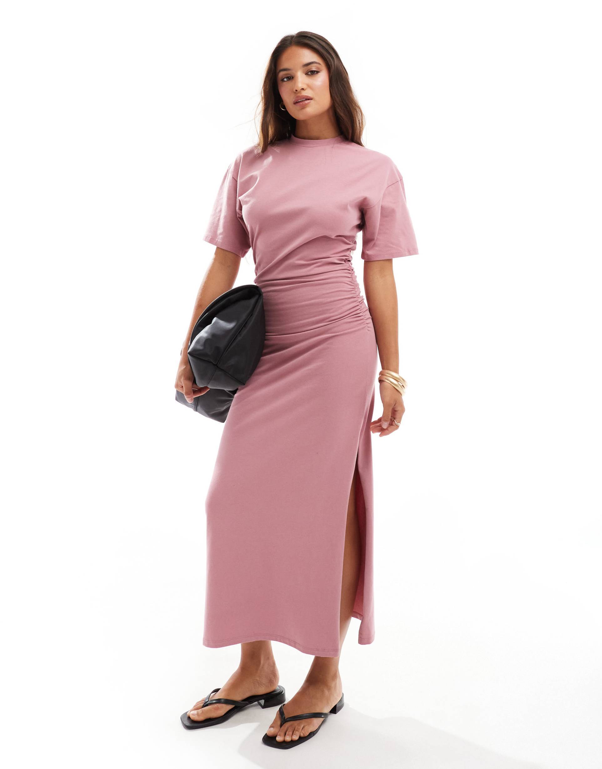 asos design crew neck midi t-shirt dress with ruched side in dusky rose