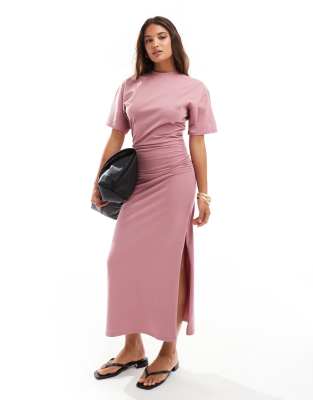 ASOS DESIGN crew neck midi t shirt dress with ruched side in dusky rose
