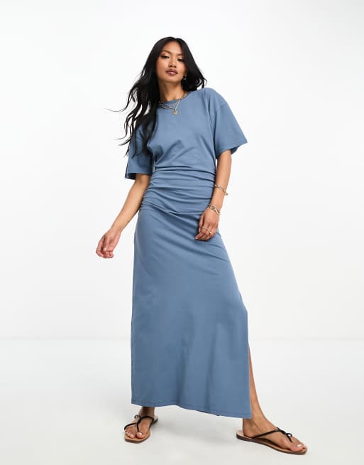 ASOS DESIGN crew neck midi t-shirt dress with ruched side in washed blue, 3 of 4