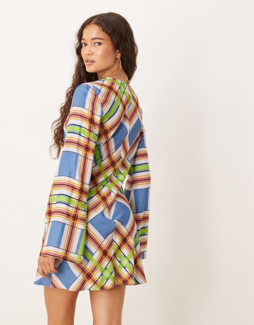 ASOS DESIGN crew neck mini dress with flare sleeves in multi plaid print