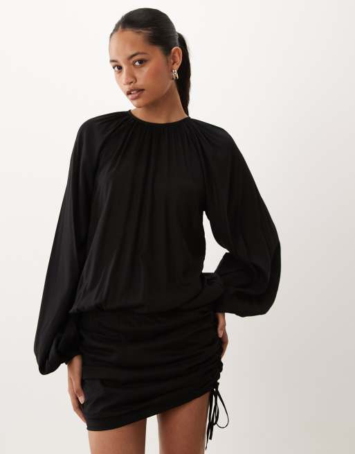 asos mini dress black DESIGN crew neck with gathered skirt detail in The ASOS DESIGN grown