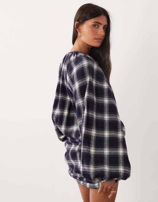 ASOS DESIGN crew neck mini dress with gathered skirt detail in navy brushed check, 4 of 4