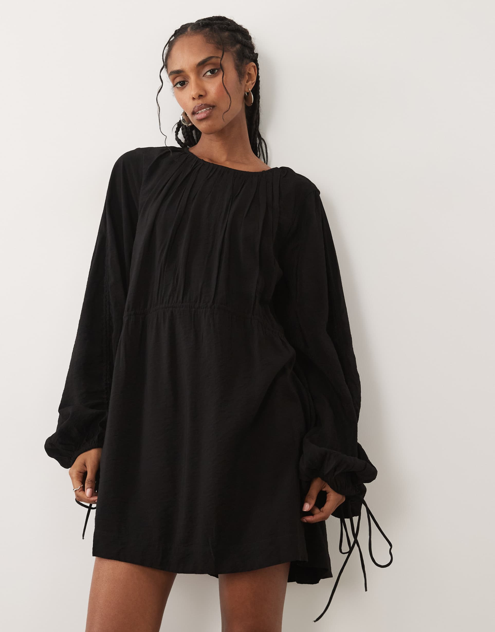 asos design crew neck mini dress with ruched waist channel and blouson sleeves in black