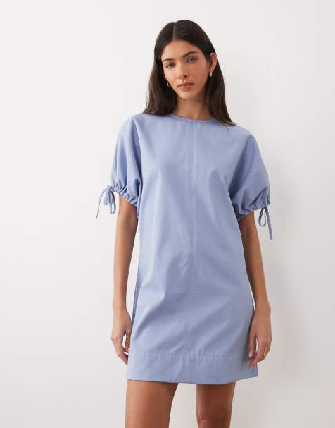 ASOS DESIGN crew neck mini dress with tie sleeve detail in denim wash blue - view 1