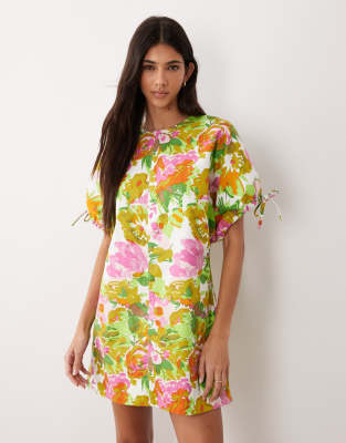 Asos Design Crew Neck Mini Dress With Tie Sleeve Detail In Animal Print