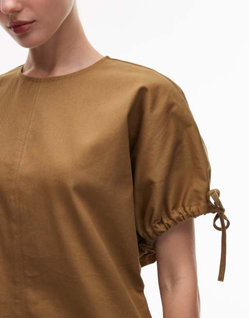ASOS DESIGN crew neck mini dress with tie sleeve detail in olive, 3 of 4