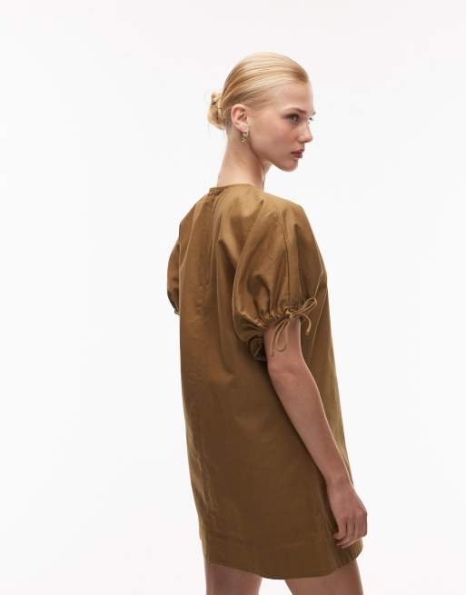 ASOS DESIGN crew neck mini dress with tie sleeve detail in olive, 4 of 4