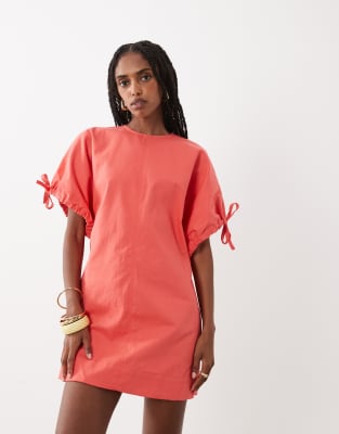 Asos Design Crew Neck Mini Dress With Tie Sleeve Detail In Orange