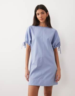 Asos Design Crew Neck Mini Dress With Tie Sleeve Detailing In Blue