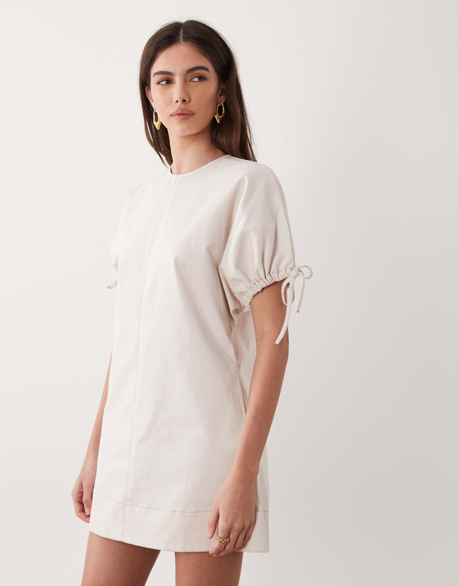 asos design crew neck mini dress with tie sleeve detailing in ivory