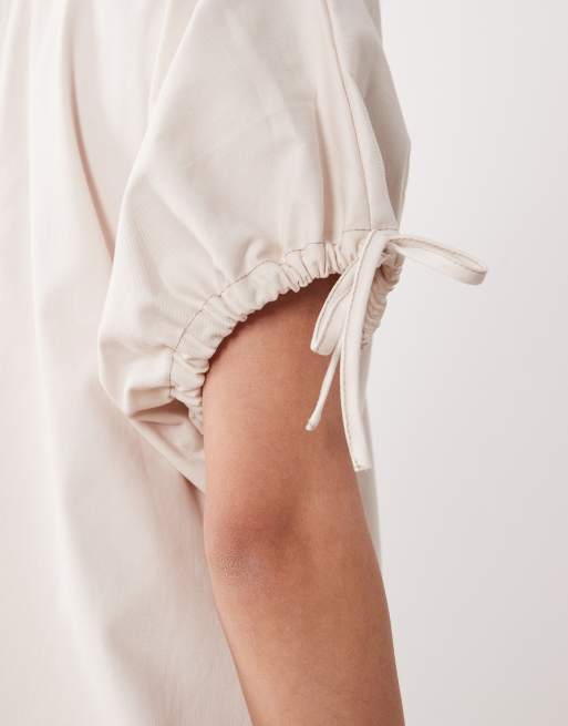 ASOS DESIGN crew neck mini dress with tie sleeve detailing in ivory, 3 of 4