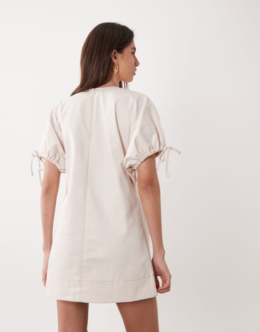 ASOS DESIGN crew neck mini dress with tie sleeve detailing in ivory, 4 of 4